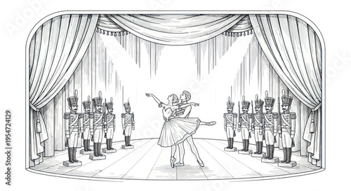 Ballet Dancers on Stage with Nutcracker Soldiers