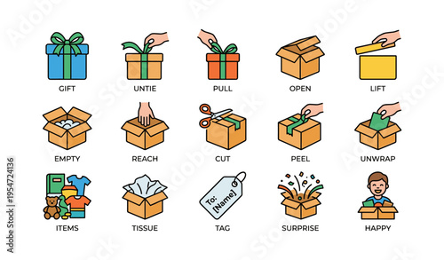 Icons of gift box actions: unwrap, open, surprise elements