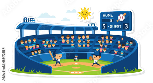 Cartoon Baseball Stadium with Players and Spectators, Sunny Day