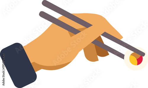 Minimalist illustration of a hand using chopsticks to hold a colorful sushi roll