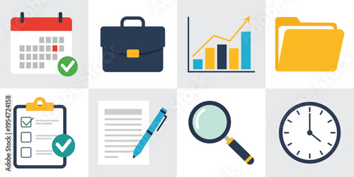 Business and productivity icons including calendar briefcase graph files clipboard document magnifying glass and clock