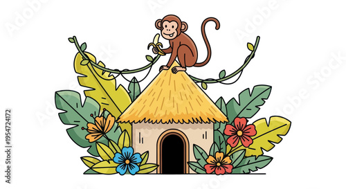 Cute Monkey Eating Banana on Thatched Roof Hut Surrounded by Tropical Plants and Flowers