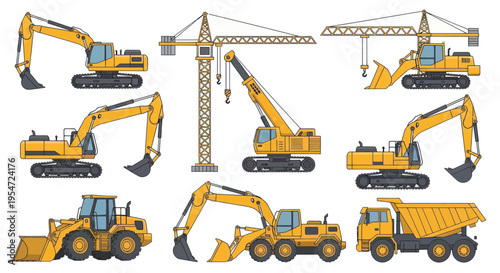 Construction Site Machinery Set: Excavators, Crane, Dump Truck, Loader