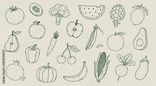 Hand-drawn fruit and vegetables set with corn, pumpkin, eggplant, tomato, avocado, apple, banana, lemon, pear, kiwi. Organic farm food vector illustration in outline style. Perfect for menu, recipes.