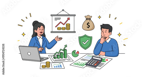 Illustration of two business professionals analyzing financial data with a laptop, calculator, and graphs in a modern office setting with a professional mood.
