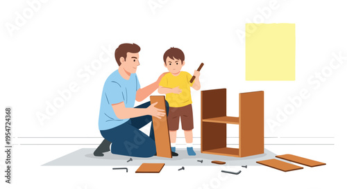 A man and a boy assembling furniture together on the floor with tools and parts scattered around them.