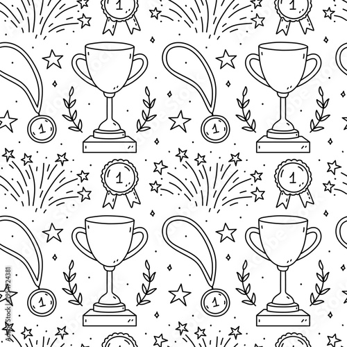 Seamless hand-drawn winner pattern with trophy, medal, ribbon, fireworks and stars. Cute doodle award illustration in black outline style, perfect for celebration design, sports theme, and decoration.