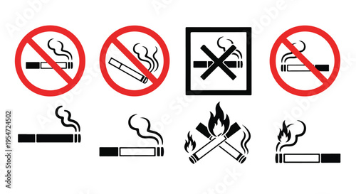 Graphic illustration of no smoking icons and cigarette symbols on a white background with a flat design style and a neutral mood.