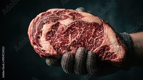 Hand holding raw wagyu ribeye steak showing marbling