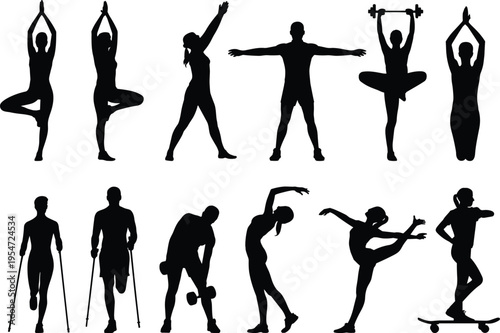 Vector Silhouette Set of People Exercising Including Yoga Poses Weightlifting Nordic Walking Skateboarding and Stretching for Fitness Health Wellness and Active Lifestyle Graphic Designs