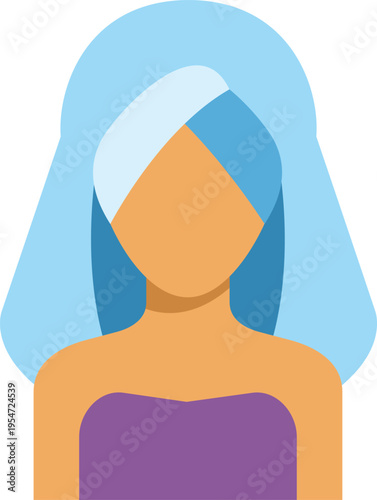Woman featuring a head towel and purple body wrap, representing beauty and spa concepts