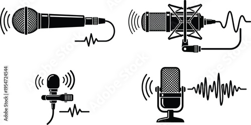Microphone Icon Vector Set | Sound Capture Audio Recording Signal Symbol 4 Design Collection Black Isolated on White Background