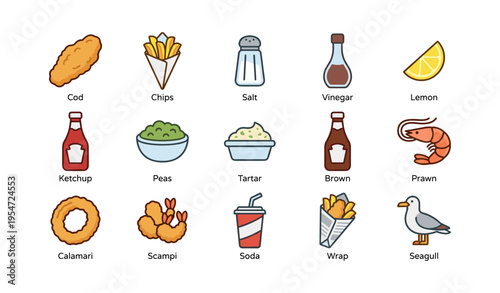 Cartoon icons of fish and chips ingredients and side items