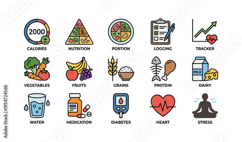 Healthy eating and lifestyle icons: nutrition, portion, logging, and wellness tracker