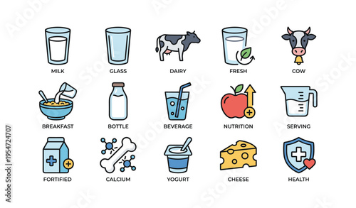 Icons of dairy and nutrition related items including milk, glass, cow, and cheese