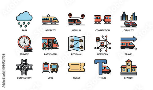 City-to-city train icons: travel, network, connection, passenger, station