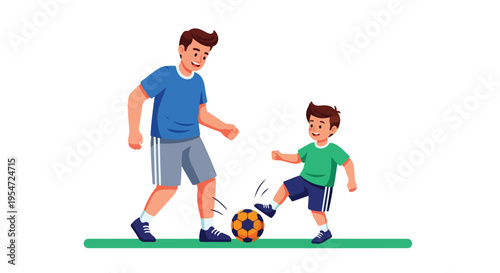 Illustration of a man and a boy playing soccer together on a green field with a solid white background.
