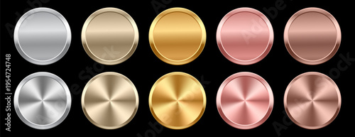 Collection of blank, circular metallic gradient badges or buttons with variations of silver, champagne, bright gold, rose gold, and bronze, copper