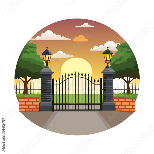 Grand entrance driveway gate made of black wrought iron with brick pillars and circular lamps against a background of trees and sunset scene.