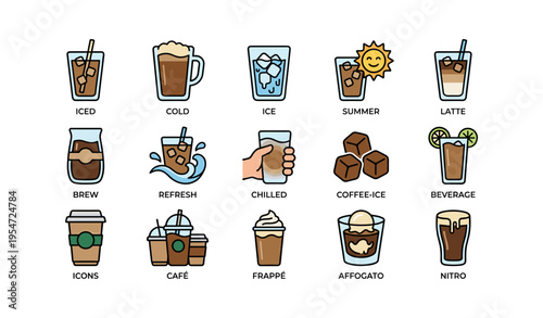 Assorted iced coffee drinks with icons representing summer and refreshment