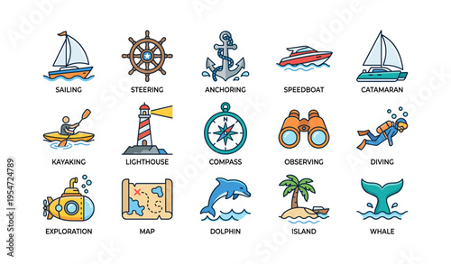 Nautical icons collection featuring boats, lighthouse, dolphin, anchor, and compass