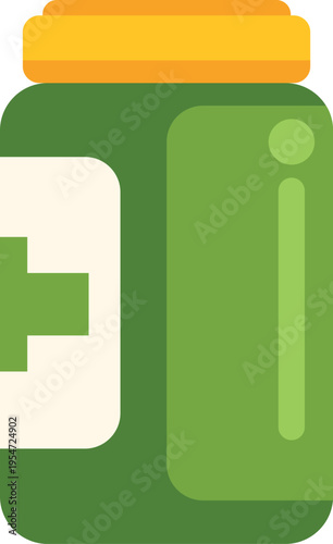 Green medical bottle containing pills or supplements