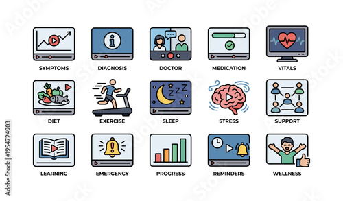 Health and wellness icons for symptoms, diagnosis, and lifestyle management