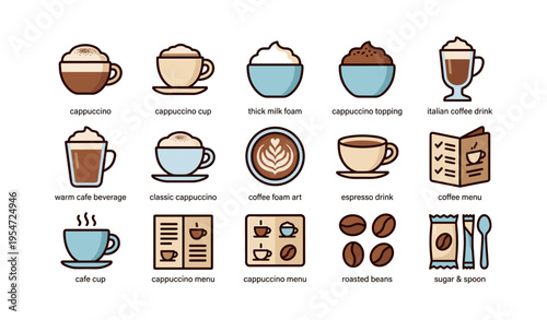 Variety of cappuccino icons featuring cups, foam art, and coffee menu