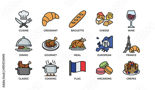 French cuisine icons featuring bread, cheese, wine, gourmet meals, and culture symbols