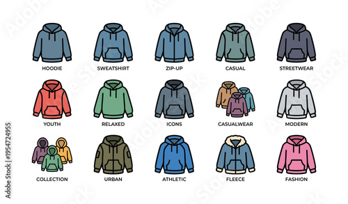 Clothing icons set showcasing various hoodie styles and colors for fashion and casual wear