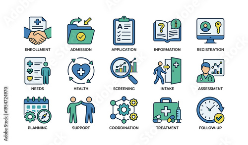 Healthcare process icons featuring enrollment, admission, screening, treatment, and follow-up