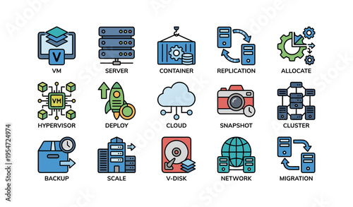 Colorful data center icons: vm, cloud, network, and backup elements
