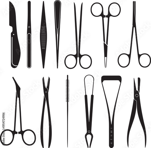 Collection of vector surgical instruments on transparent background