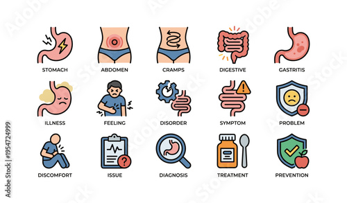 Icons illustrating digestive issues and solutions including symptoms and diagnosis