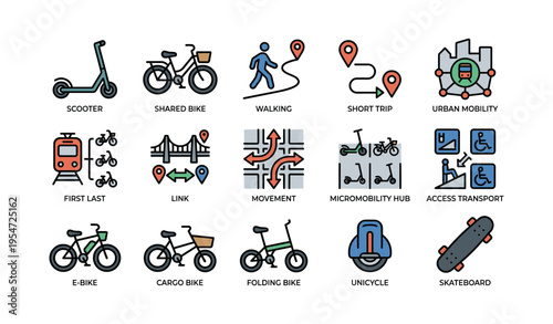 Urban mobility icons illustrating various transport modes and micromobility options