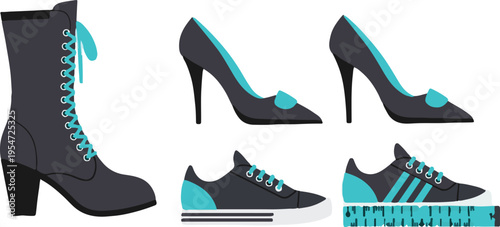 Set of 5 black and teal women's shoes vector illustration
