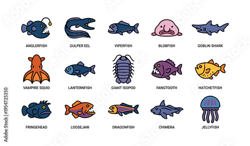 Deep sea creatures illustration: anglerfish, viperfish, goblin shark, loosejaw, jellyfish