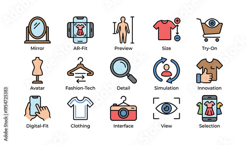 Digital fashion innovation icons for virtual fitting and clothing technology