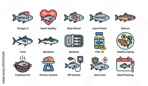 Health benefits of omega-3 fish for heart and brain with nutrition icons