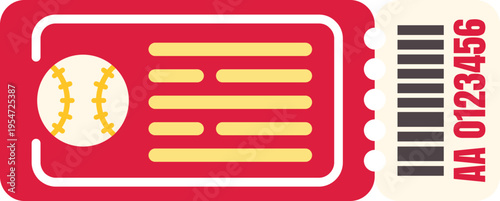 Red baseball ticket featuring a ball illustration and barcode