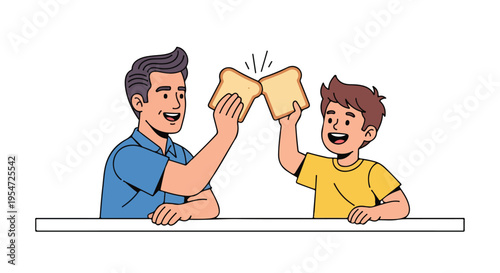 Two men sitting at a counter, toasting with slices of toasted bread in a playful gesture.