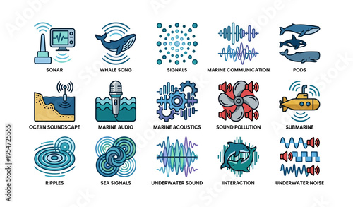 Ocean sound icons: whale song, sonar, underwater acoustics, marine communication, submarine