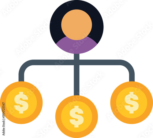 Person icon connecting to three dollar coins, symbolizing income generation and financial rewards