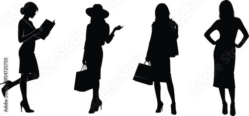 Elegant women silhouettes set, fashion female figures collection, stylish shopping poses, modern lifestyle illustration, isolated black flat vector illustration design