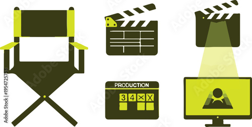 Set of 5 film production vector icons with director's chair and clapperboard