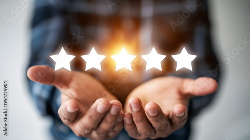 floating 5 star rating icon glowing center minimal white background blurred person behind no face customer satisfaction concept