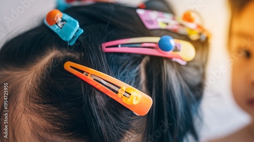 young asian child with playful hair clips and accessories extreme close up focus on colorful clips vibrant composition soft lighting clean minimal background