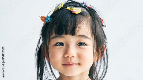 young asian child with playful hair clips and accessories extreme close up focus on colorful clips vibrant composition soft lighting clean minimal background