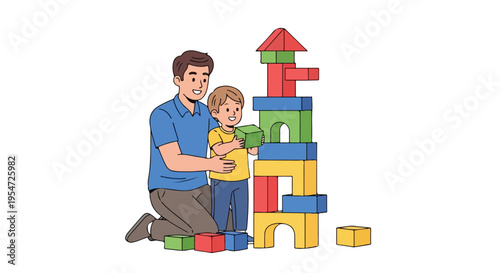 A man kneeling down building a colorful block tower with a young child on a plain white background with a playful mood.