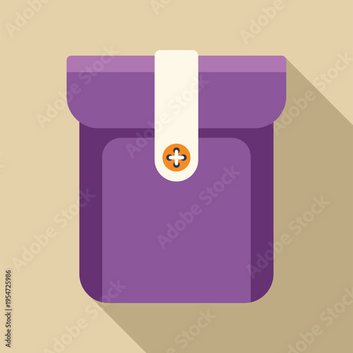 Purple pocket with a white flap and orange button on a beige background
